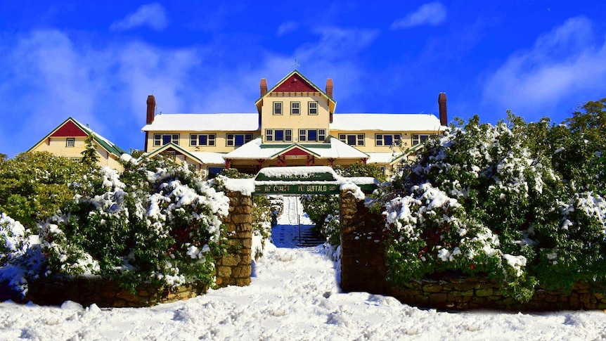 The outside of a chalet in the snow.