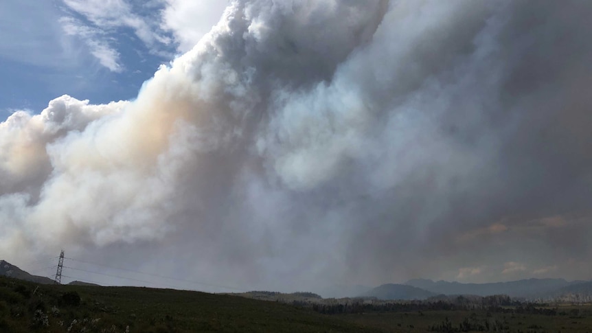 Bushfire smoke over Strathgordon in Tasmania's south-west