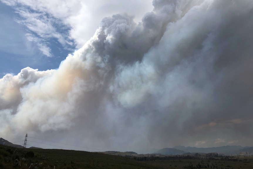 Bushfire smoke over Strathgordon in Tasmania's south-west