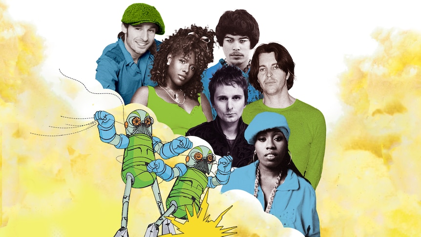 Stylised collage of artists from the 2003 Hottest 100, including Kelis, Missy Elliott, Powderfinger and more