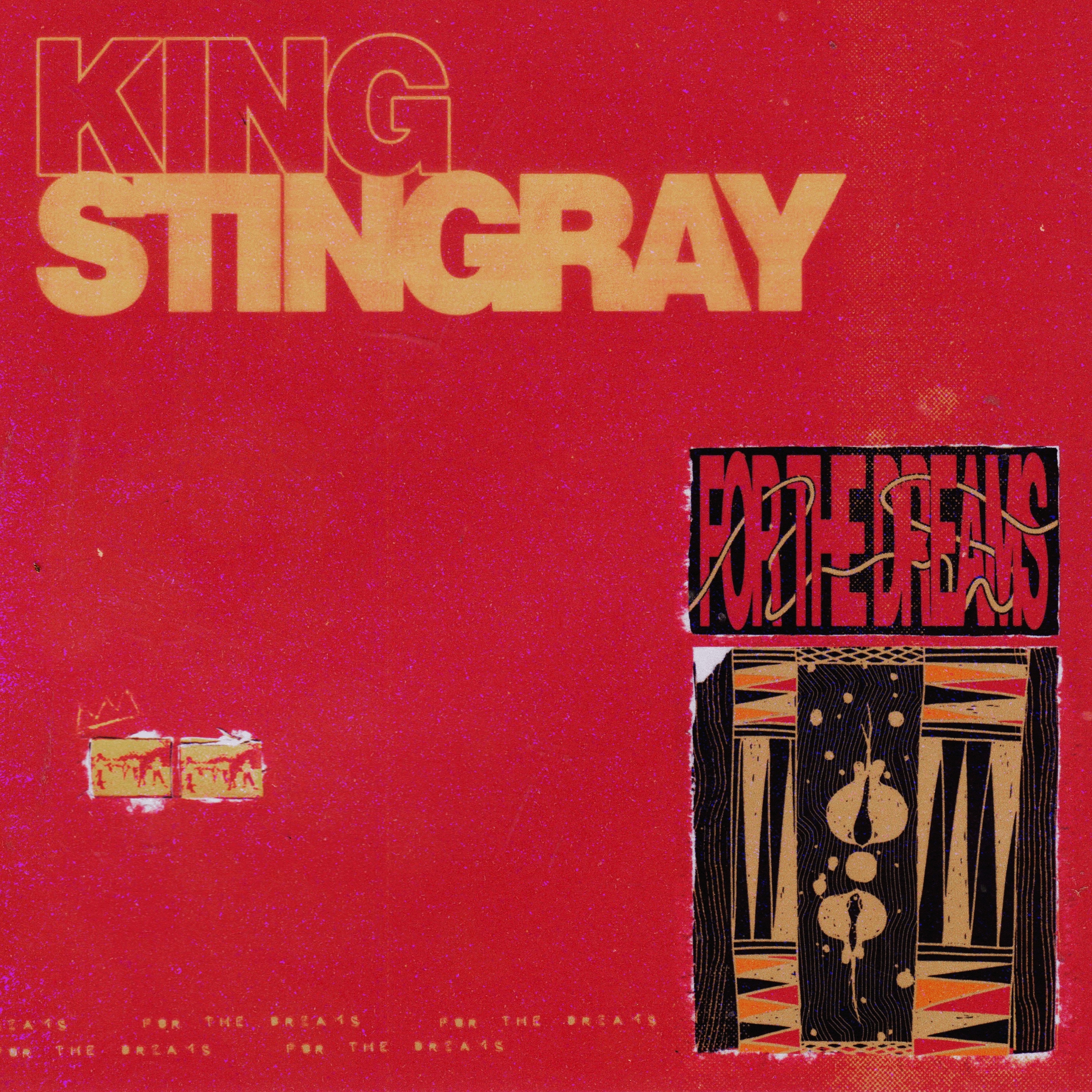 red texture with text reading: King Stingray - For The Dreams, with a mural of Indigenous artwork with two stingrays