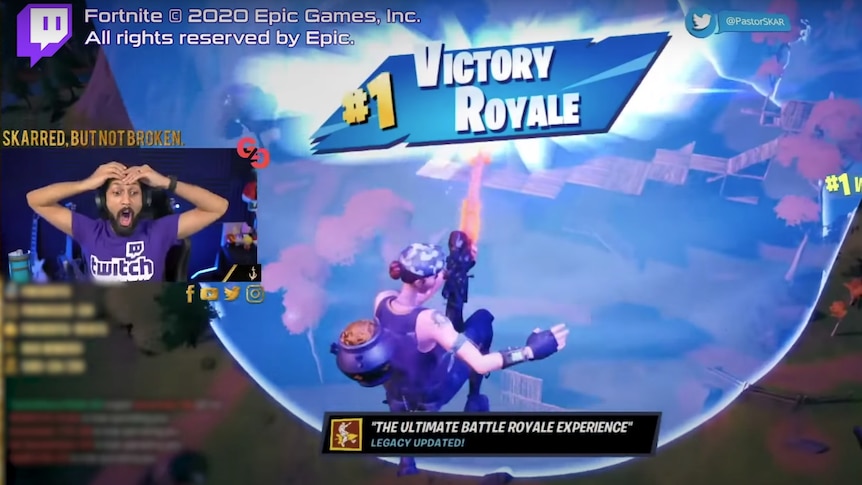 A screenshot of the Fortnite video game with an insert of Pastor Skar.