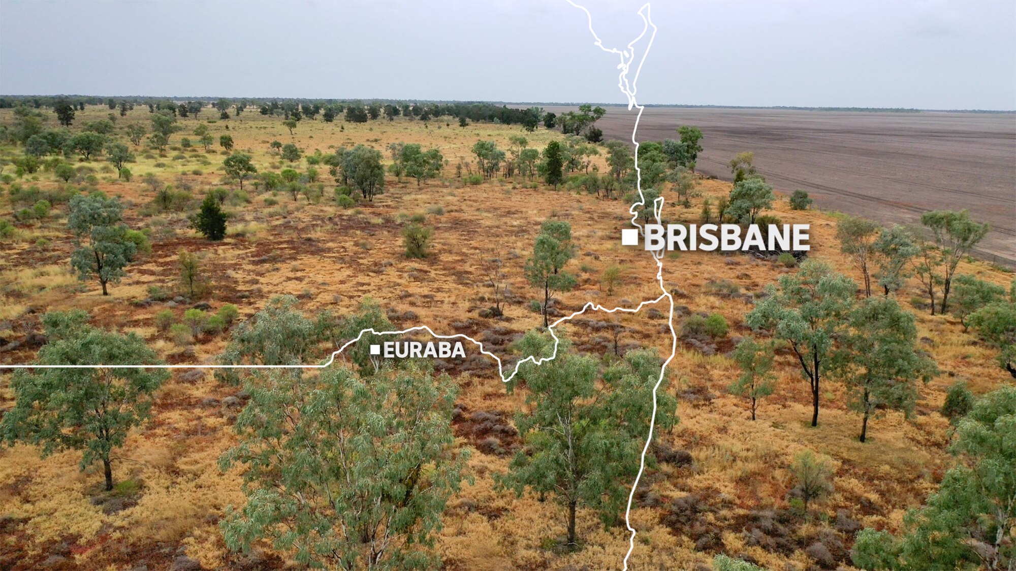 A map over a drone shot of Euraba showing its location.