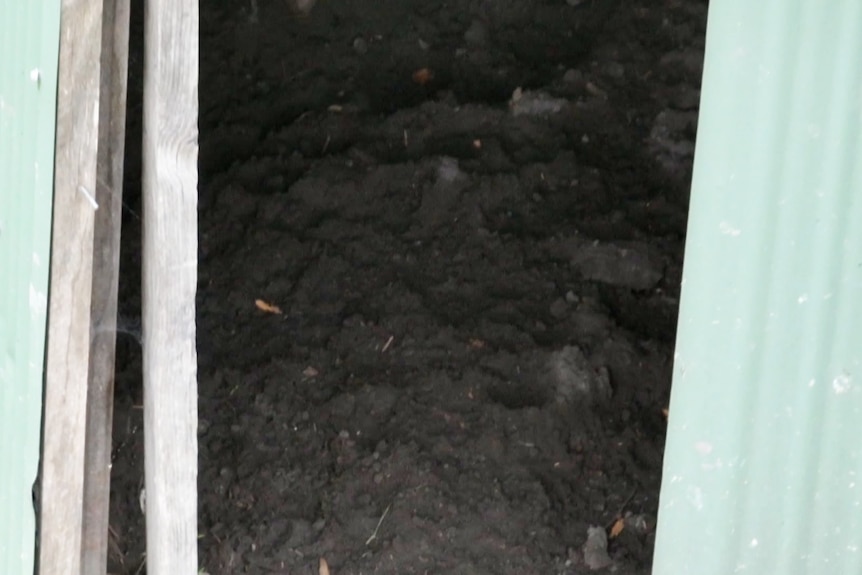 A dirt floor in a green tin shed