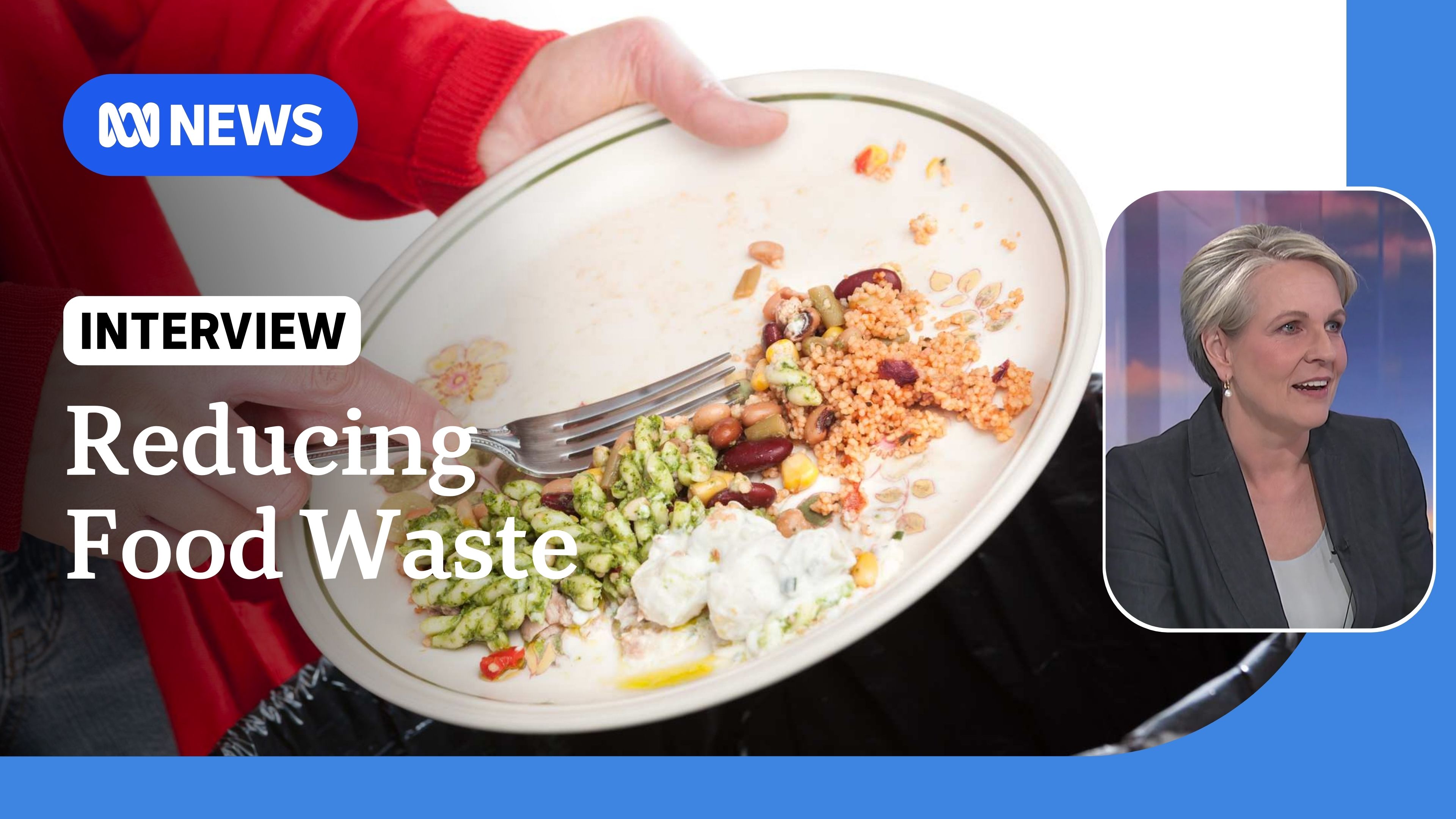 Reducing Food Waste: A person scrapes scraps from a plate into a bin with an inset photo of Tanya Plibersek.
