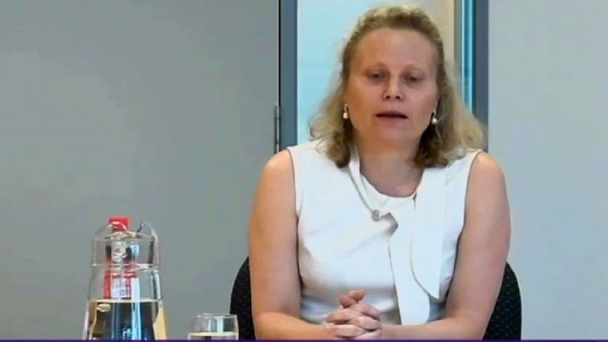 Kym Peake a woman with blond hair, wearing a white top, testifying at a public inquiry.