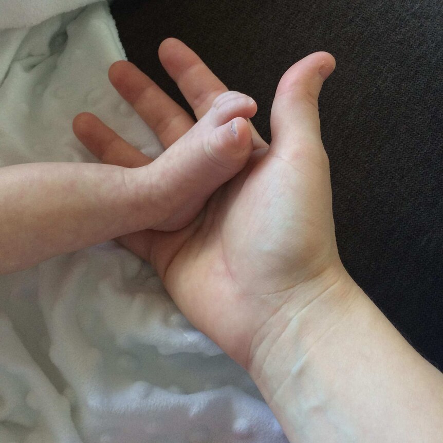 A person's hand holds a newborn baby's foot.