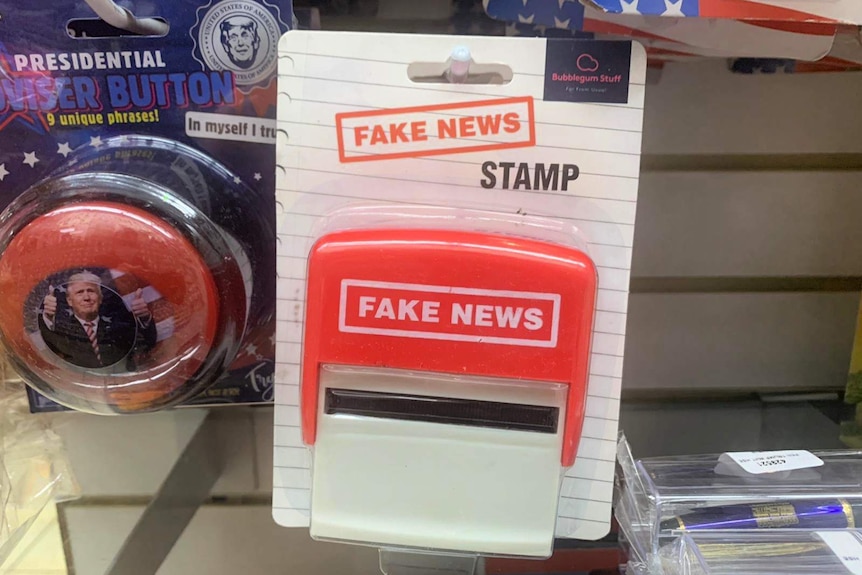 A 'fake news' stamp in a US store.