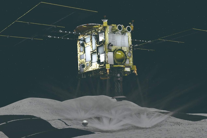 A spacecraft landing on a grey rock