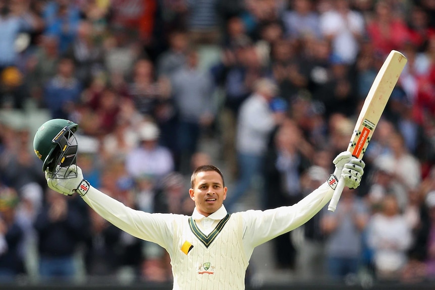 Usman Khawaja celebrates his century Boxing Day