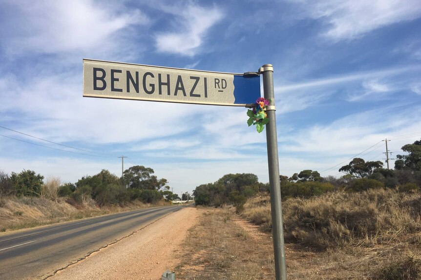 The sign for Benghazi Road outside of Robinvale.