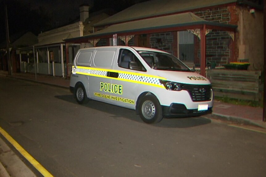 A police van outside row cottages at night