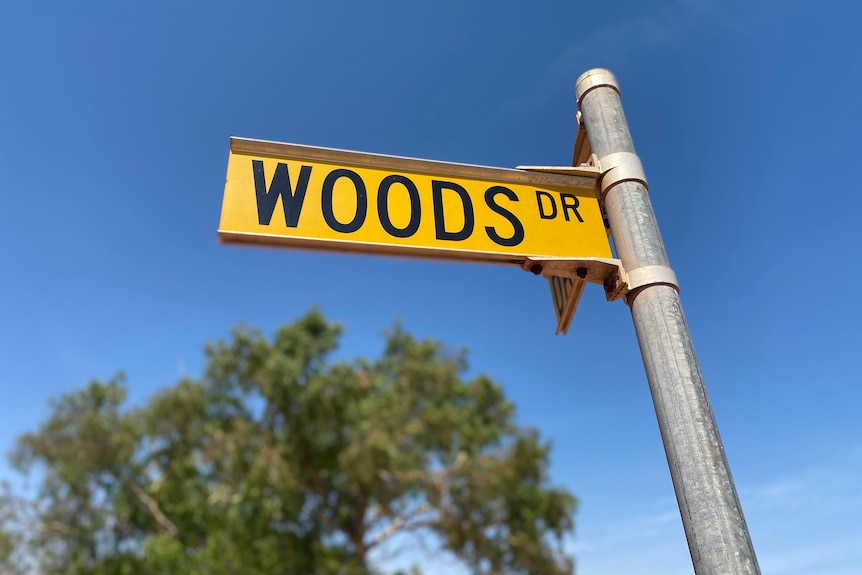 A street sign that says "Woods Drive" beneath a clear blue sky.