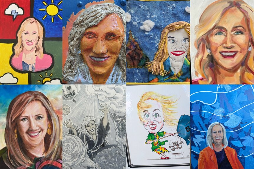 Eight portraits of a blonde-haired woman, from paintings to cartoons to fabric and 3D sculpture.