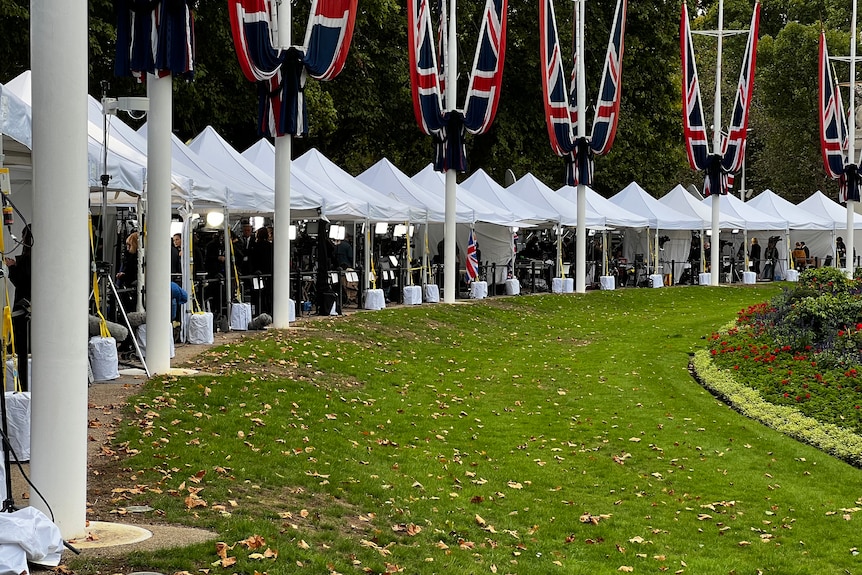 Row of media tents in London covering Queen's death in 2022