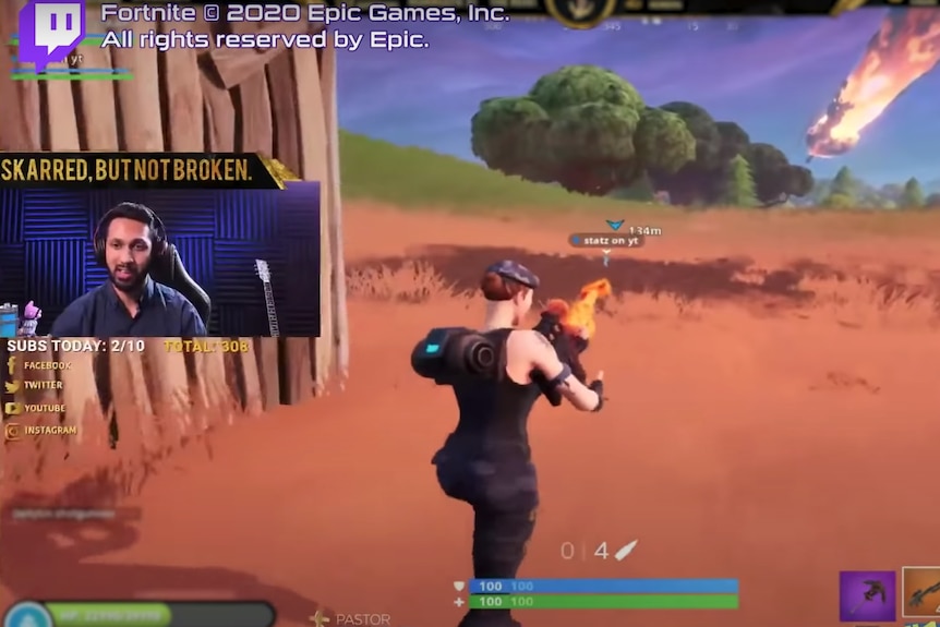 A screenshot of the Fortnite video game with an insert of Pastor Skar.