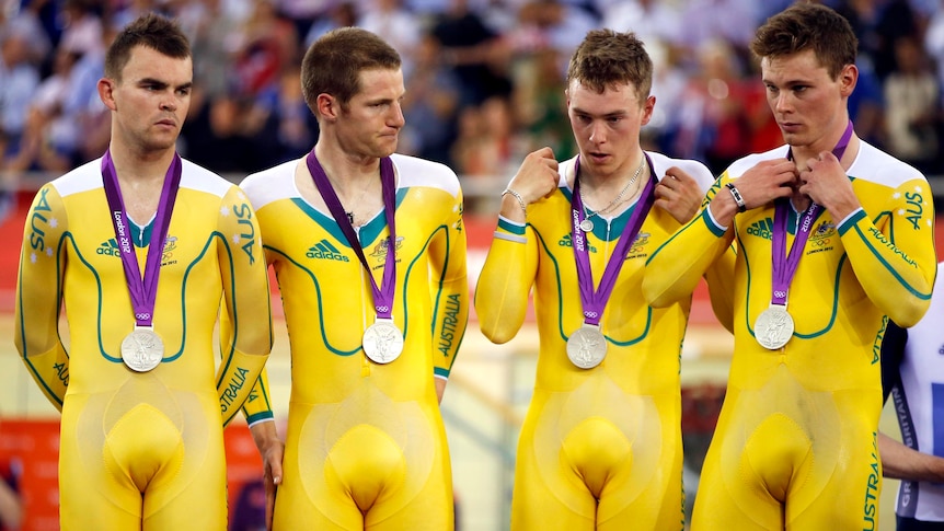 Jack Bobridge, Glenn O'Shea, Rohan Dennis and Michael Hepburn stand with their silver medals.
