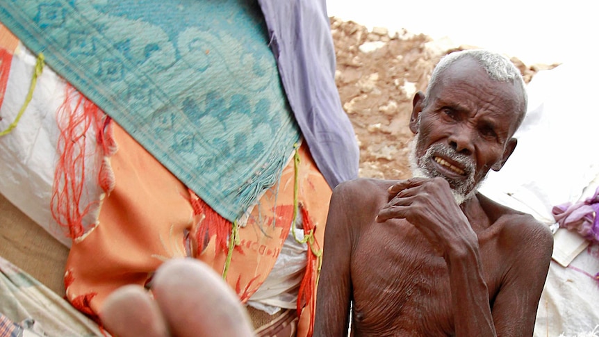 An elderly Somali man at a makeshift shelter in Galkayo, north-west of Somalia's capital, Mogidishu.