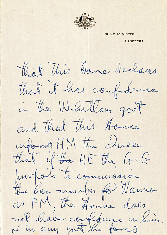 Gough Whitlam wrote this draft notice of motion at The Lodge on November 11, 1975, shortly after his dismissal.