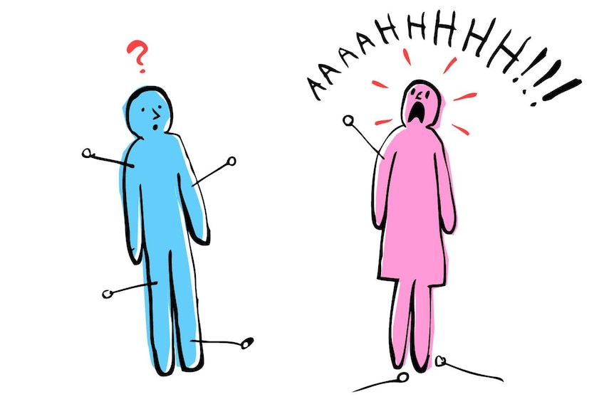Cartoon of male and female figures with pins stuck in, female screaming in pain