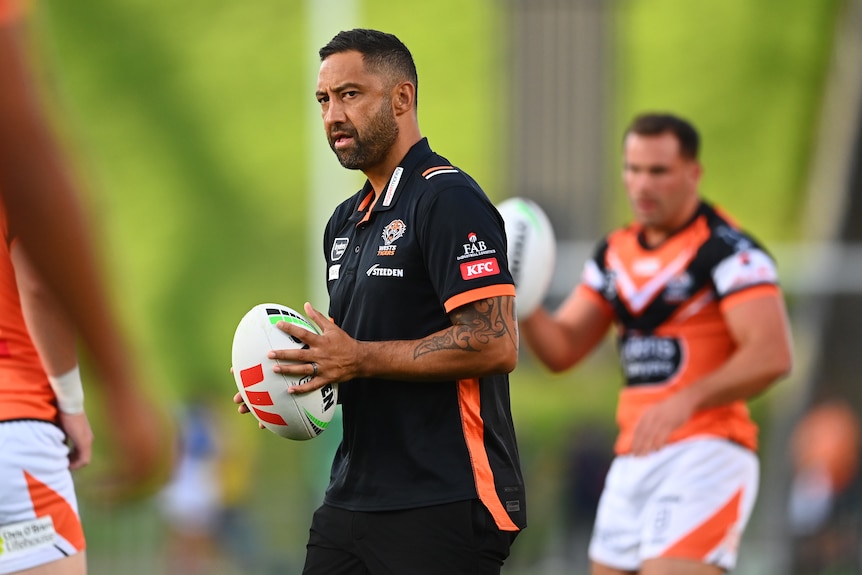 West Tigers assistant coach Benji Marshall looks on ahead of the NRL trial match between New Zealand Warriors and Wests Tigers at Mt Smart Stadium on February 09, 2023 in Auckland, New Zealand.