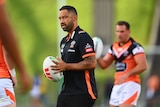 West Tigers assistant coach Benji Marshall looks on ahead of the NRL trial match between New Zealand Warriors and Wests Tigers at Mt Smart Stadium on February 09, 2023 in Auckland, New Zealand.