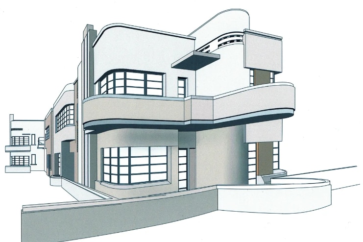 a sketch of an art deco curved block of flats