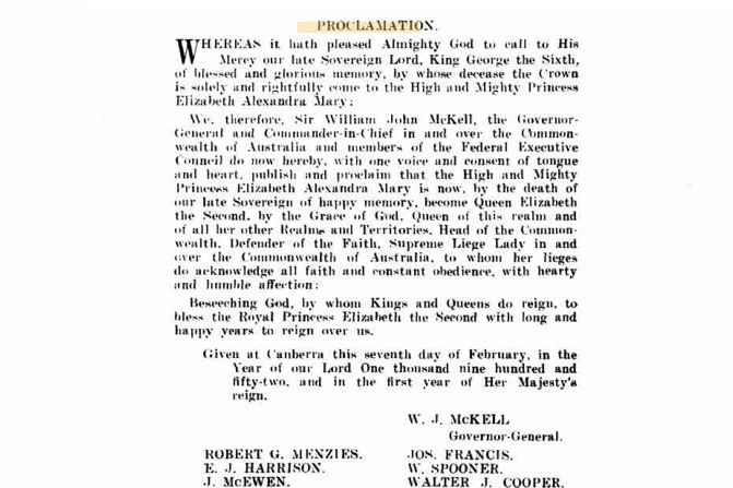 A copy of the proclamation published in the Australian Gazette in 1952.