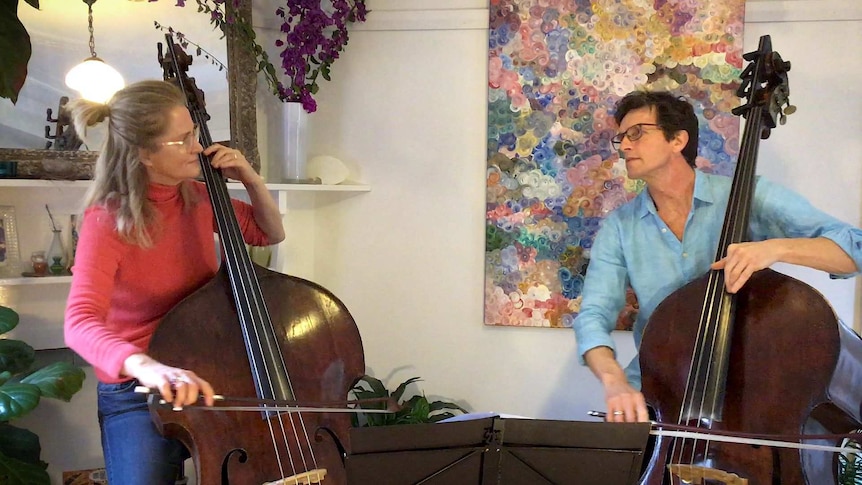 Two double bassists playing at home.