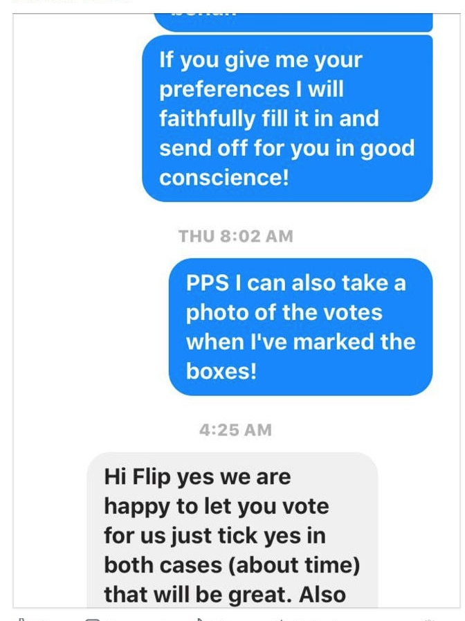 A screen shot of a facebook conversation where Flip Prior is asked to reply on behalf of other people.