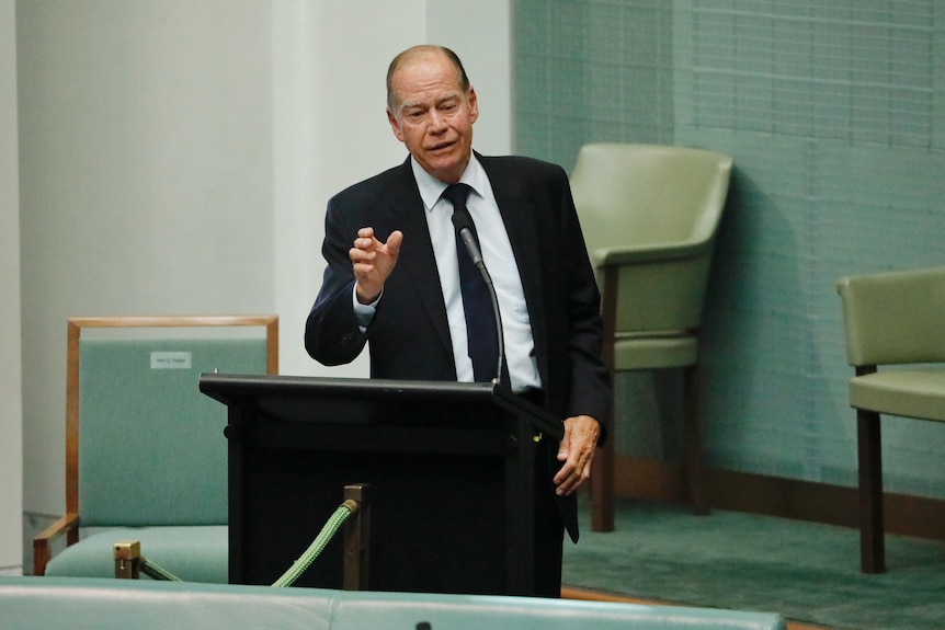 Russell Broadbent speaks at a lecturn in the house of representatives