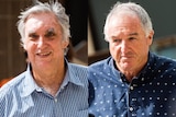 A composite image showing two older men with grey hair and blue and white collared shirts outside.