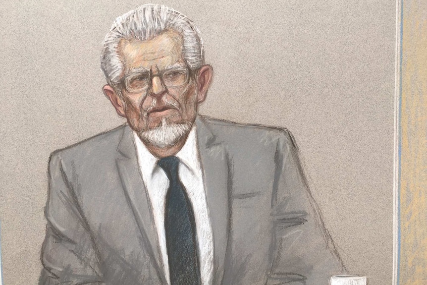 A hand-drawn sketch in grey and black tones of Rolf Harris' court appearance via videolink