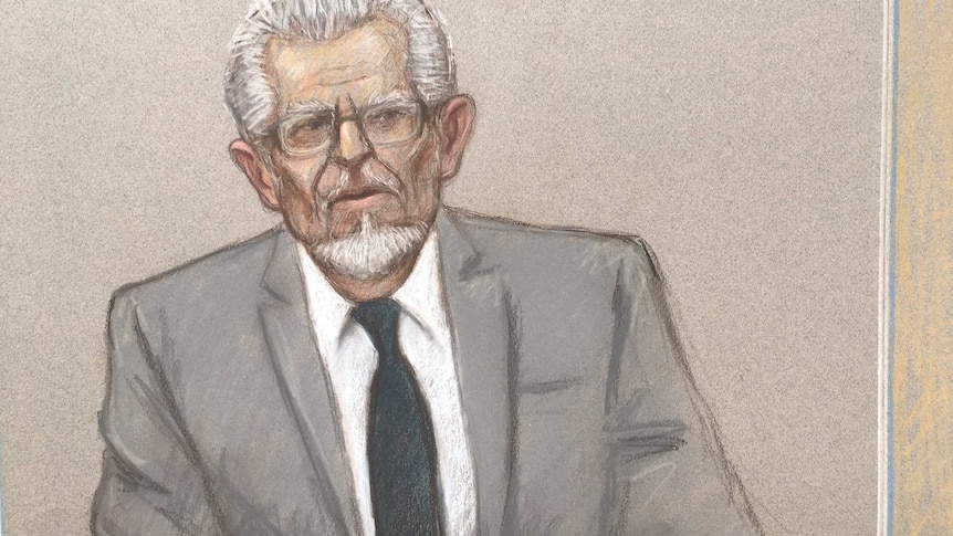 A hand drawn sketch in grey and black tones of Rolf Harris' court appearance via videolink