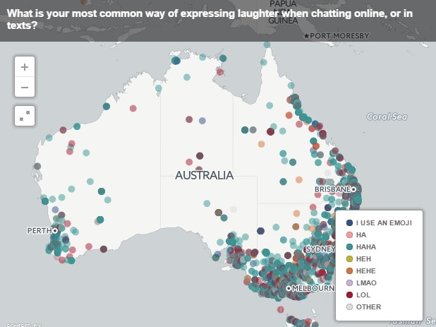 Mapping words around Australia: What is your most common way of expressing laughter when chatting online, or in texts?