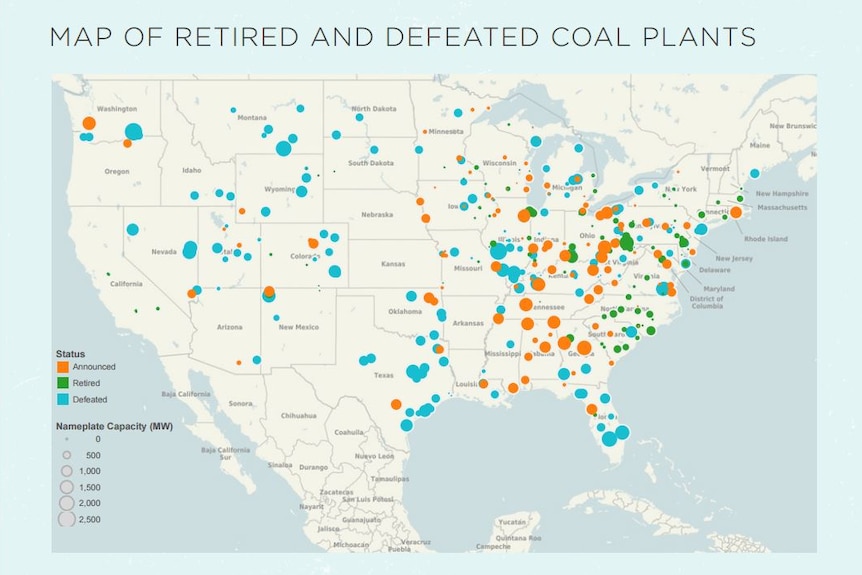 Map of retired and defeated coal plant in the US by Beyond Coal