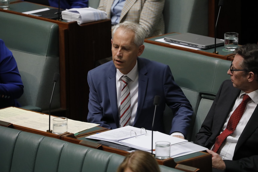 Andrew Giles looks down while sitting in question time in the house of representatives