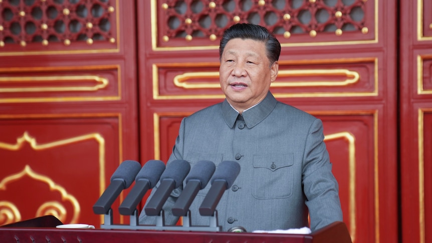 Xi Jinping delivers a speech in front of red doors and a podium with a sickle and hammer.