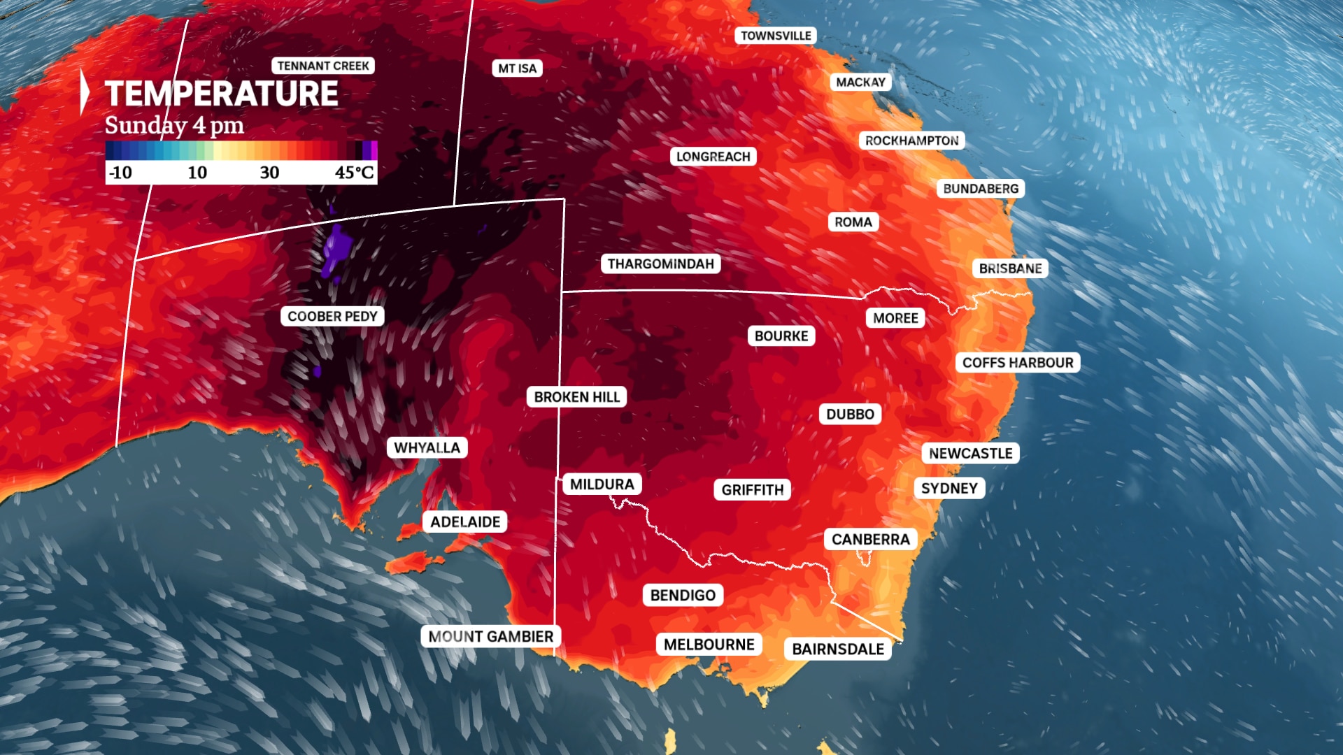 weather map of australia shows heat of up to 40 degrees for southern SA, western parts of Queensland and NSW