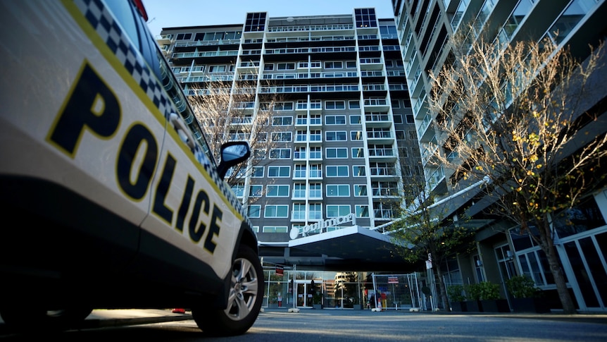 A police car outside the Pullman medi-hotel.