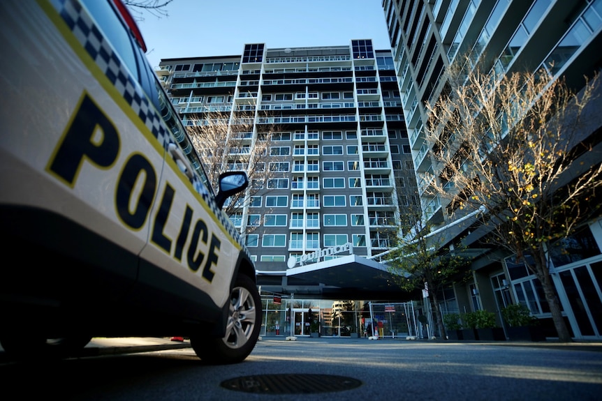 A police car outside the Pullman medi-hotel.