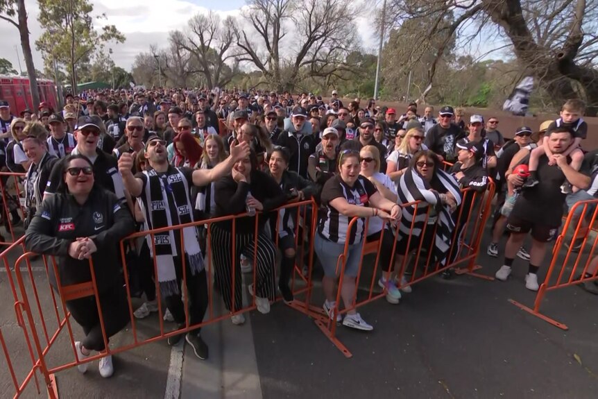 Crowds of people dressed in Collingwood clothing queue up behind orange barriers