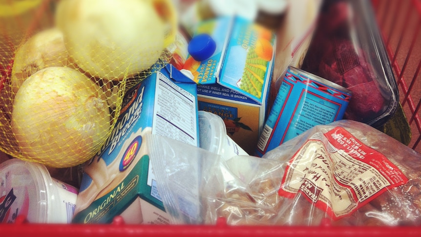Basket full of groceries.
