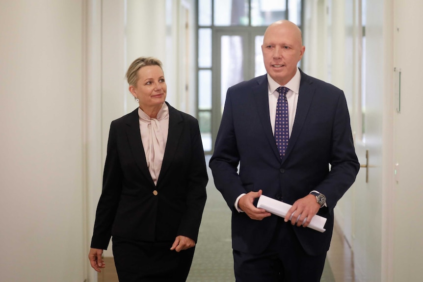 New Liberal leader Peter Dutton walks out of a partyroom leadership vote with his deputy Sussan Ley.