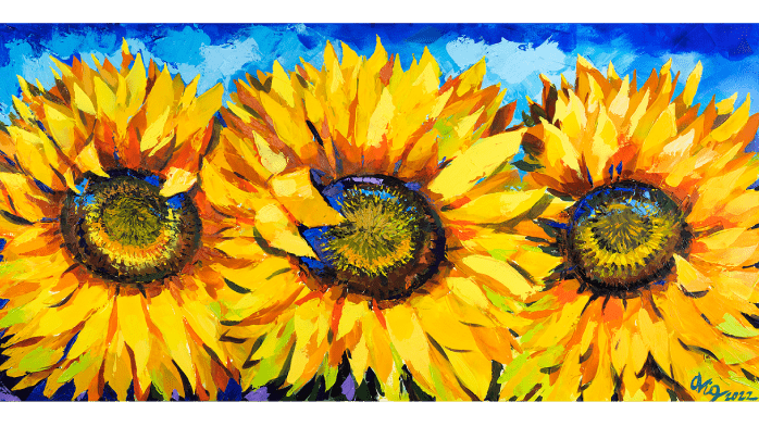Artwork featuring three bold sunflowers.