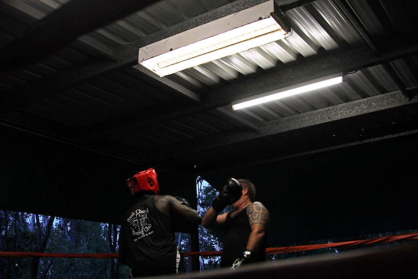 A photo of boxers training beneath fluorescent lights in the Bush Church.