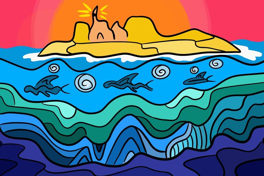A digital illustration of an island at sea