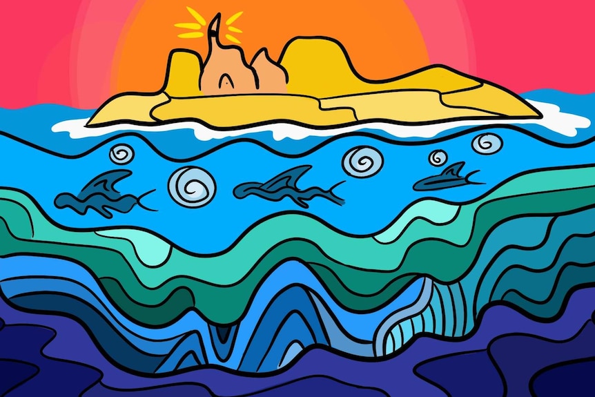 A digital illustration of an island at sea