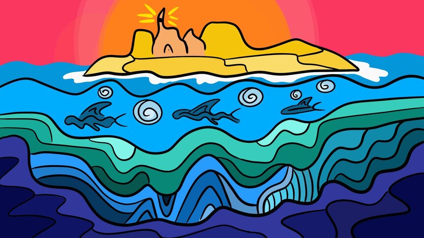 A digital illustration of an island at sea