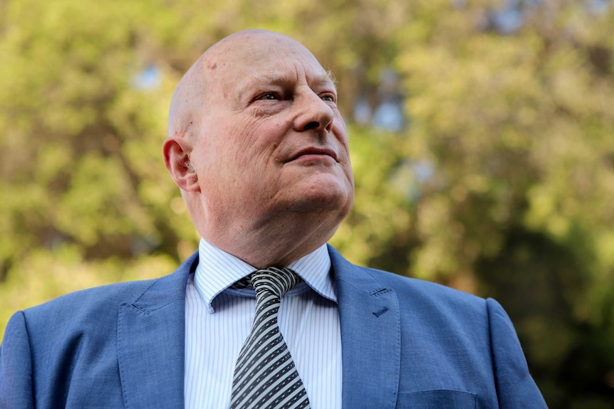 Bald man wearing blue suit, tie and striped shirt, stares sideways, with trees in background.